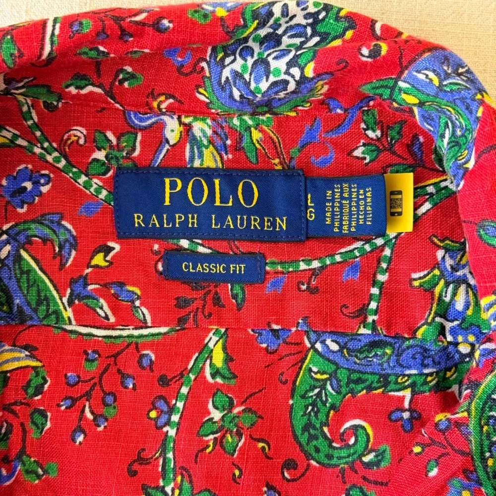 Polo Ralph Lauren Paisley Crane Linen Button Down Shirt Mens Large Red